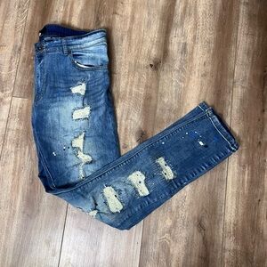 Men’s medium wash Distressed splatter paint Blue Jeans